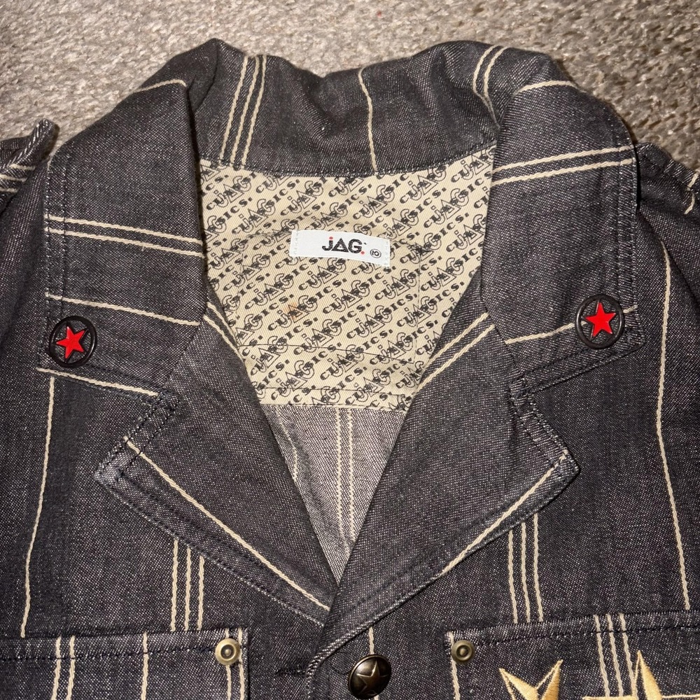 Vintage Y2K Jag Jacket Womens Black Striped Denim Star Embroidered Cropped - Picture 5 of 14